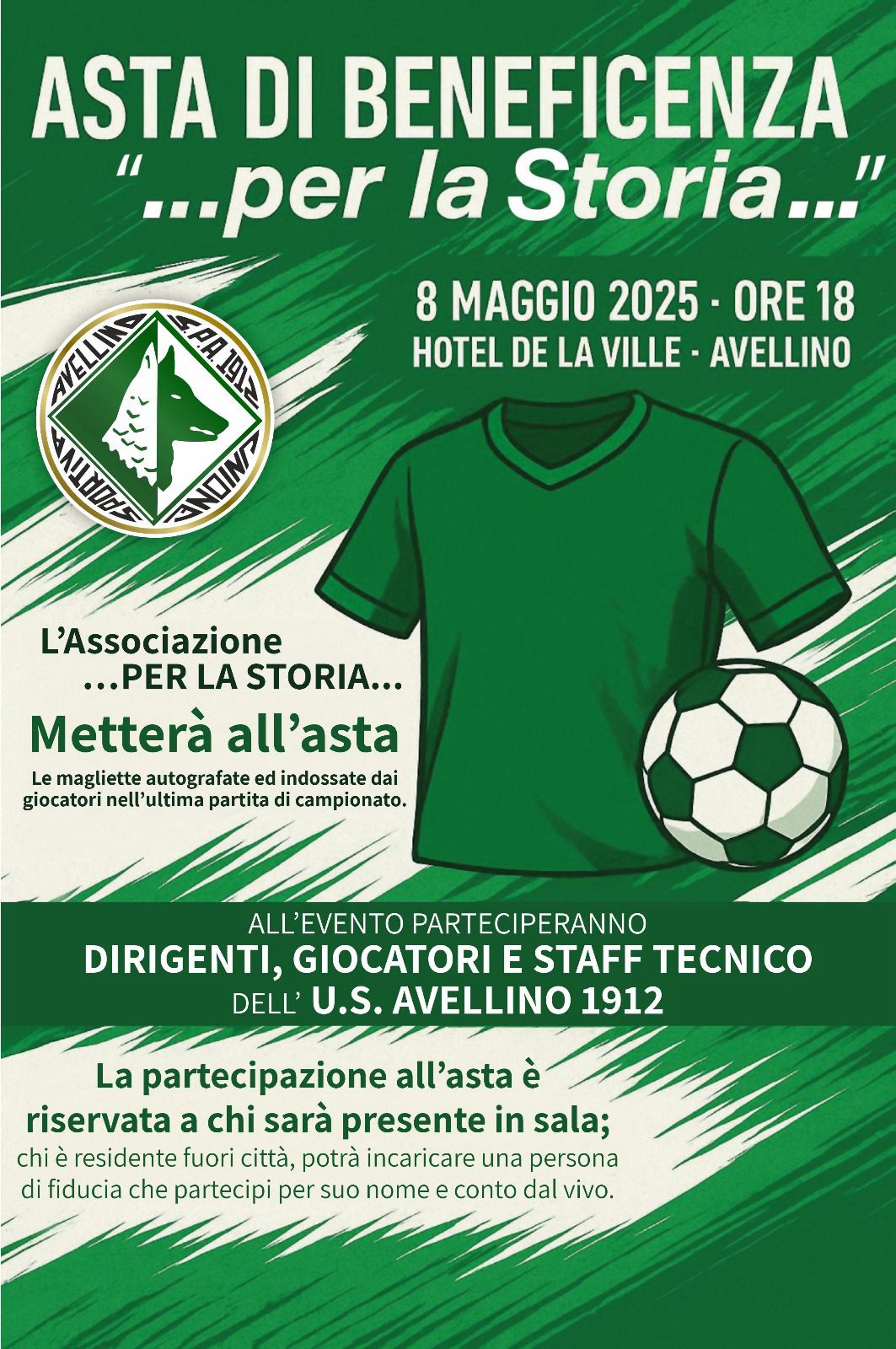 Le maglie dell'Avellino all'asta per beneficenza: l'8 maggio all'Hotel de la Ville